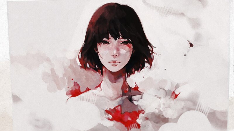 Anime Girl with Blood — Red, Dramatic, Digital Art, Short Hair