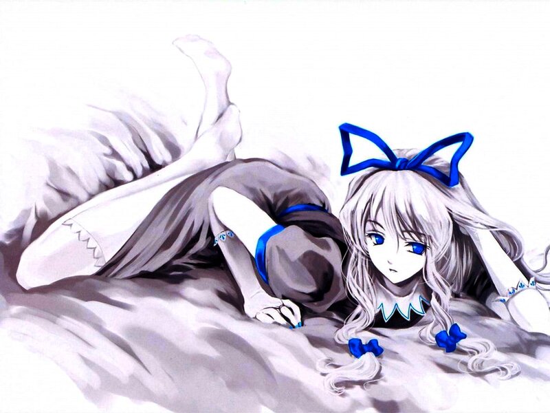 Anime Girl with Blue Bow — White, Calm, Bed