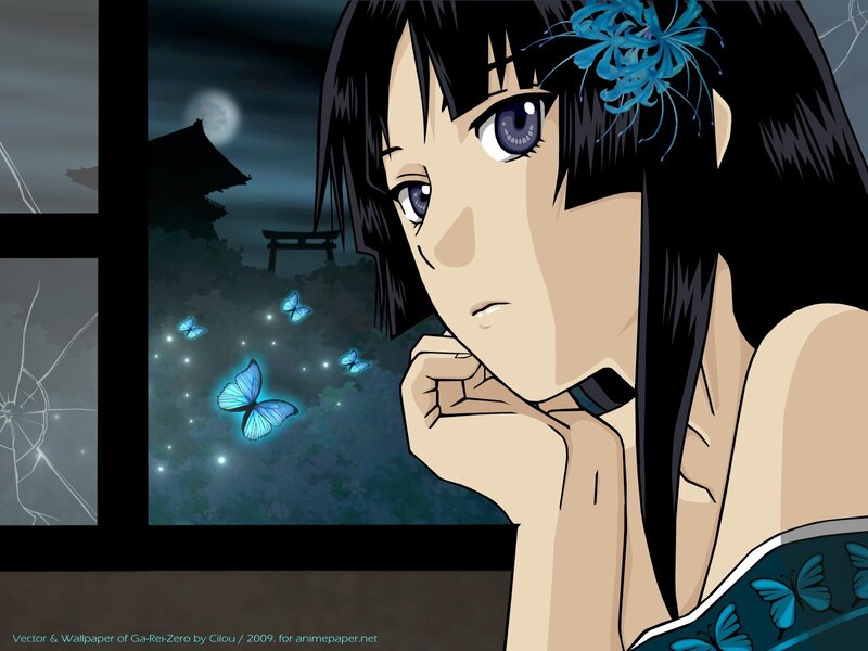 anime girl with blue butterflies