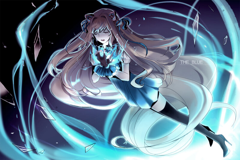 Anime Girl with Blue Energy — Dramatic, Digital Art, Long Hair