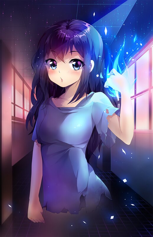 Anime Girl with Blue Energy — Dramatic, Night, Digital Art, Hallway