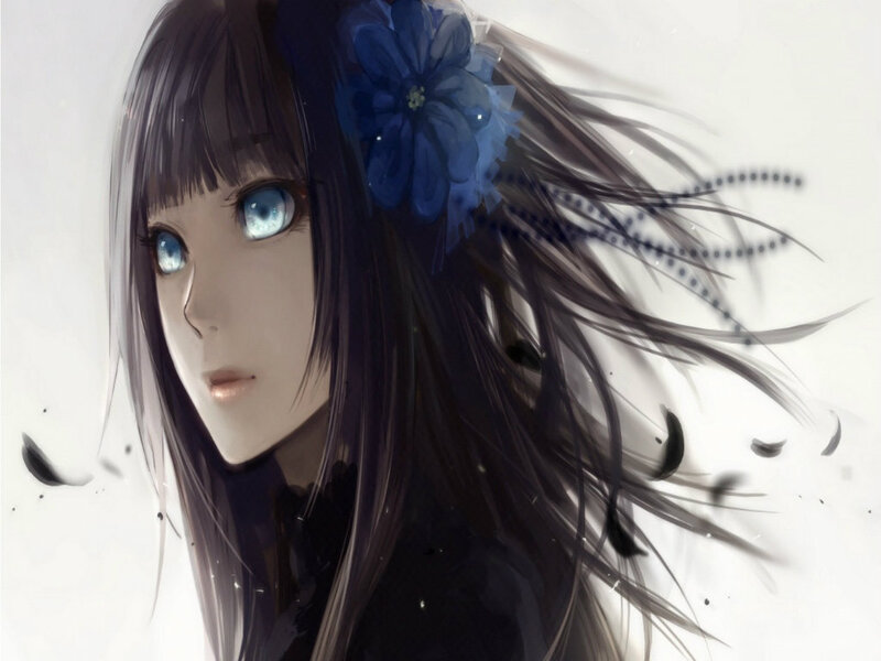Anime Girl with Blue Eyes — Black, Calm, Digital Art