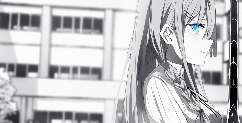 Anime Girl with Blue Eyes — Black, Calm, School Building