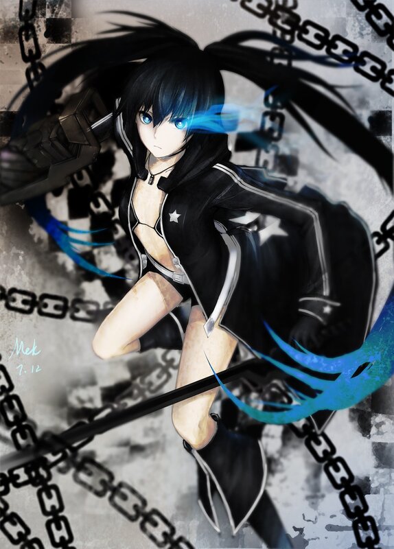 Anime Girl with Blue Eyes — Black, Dramatic, Digital Art, Chains, Sword