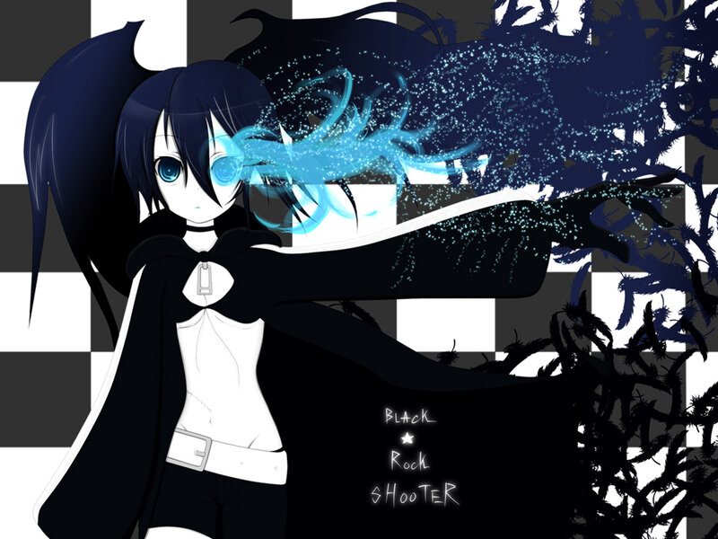 Anime Girl with Blue Eyes — Black, Dramatic, Digital Art, Checkered Background