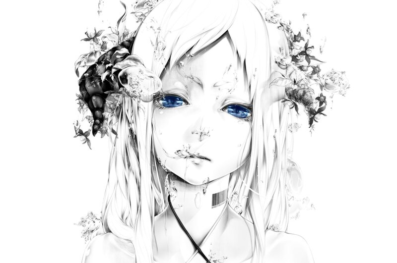 Anime Girl with Blue Eyes — Black, Dramatic, Digital Art, Flowers