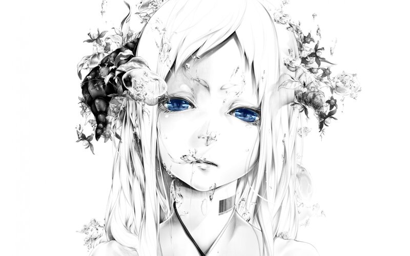 Anime Girl with Blue Eyes — Black, Dramatic, Digital Art, Flowers, Water