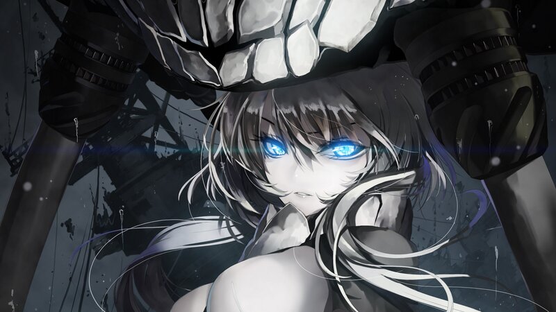 Anime Girl with Blue Eyes — Black, Dramatic, Digital Art, Mechanical Arms