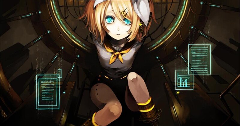 Anime Girl with Blue Eyes — Black, Dramatic, Digital Art, Robotic Arms