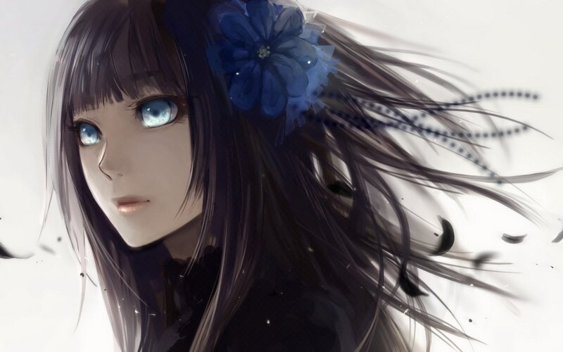Anime Girl with Blue Eyes — Black, Serene, Digital Art