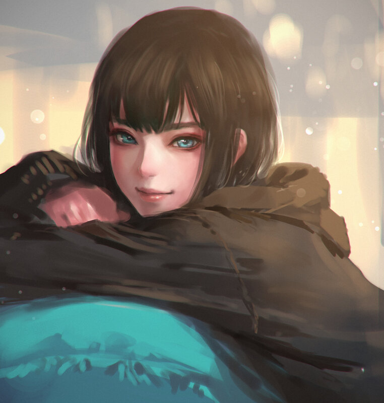 Anime Girl with Blue Eyes — Brown, Calm, Digital Art, Coat
