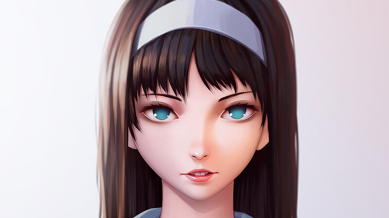 Anime Girl with Blue Eyes — Brown, Neutral, Digital Art, Headband