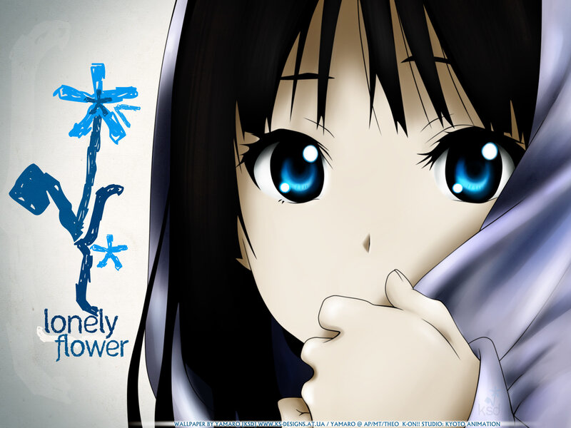 Anime Girl with Blue Eyes — Calm, Blue Flower Drawing