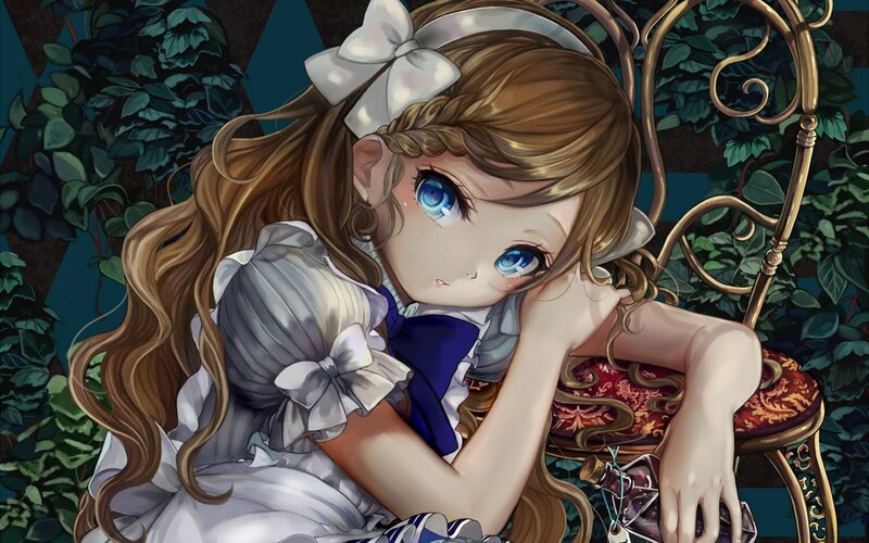 Anime Girl with Blue Eyes — Calm, Digital Art, Chair