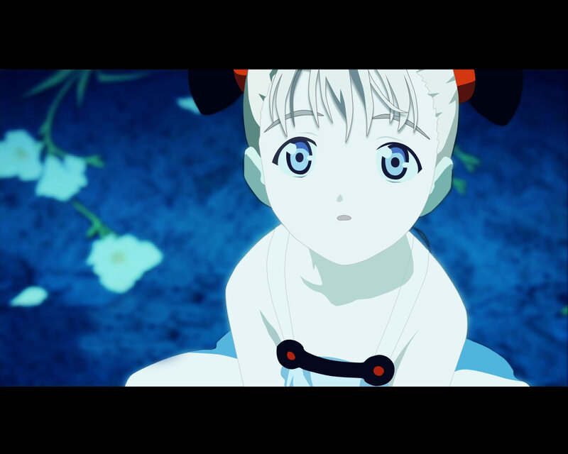 Anime Girl with Blue Eyes — Calm, Night, Flowers