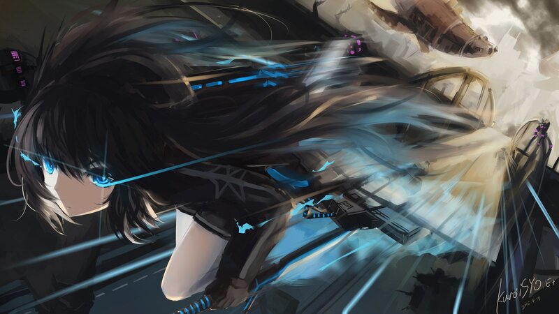 Anime Girl with Blue Eyes — Dramatic, Digital Art, Long Hair, Weapon