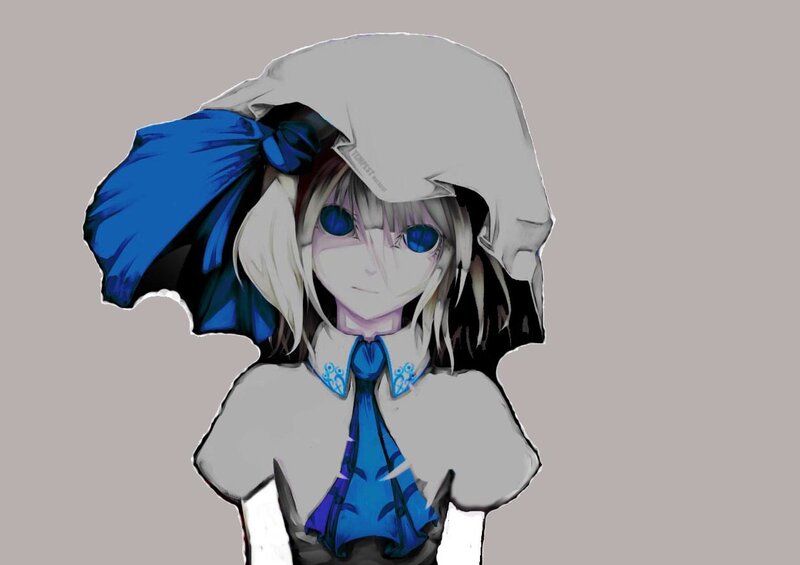 Anime Girl with Blue Eyes — Gray, Neutral, Digital Art, Blue Bow