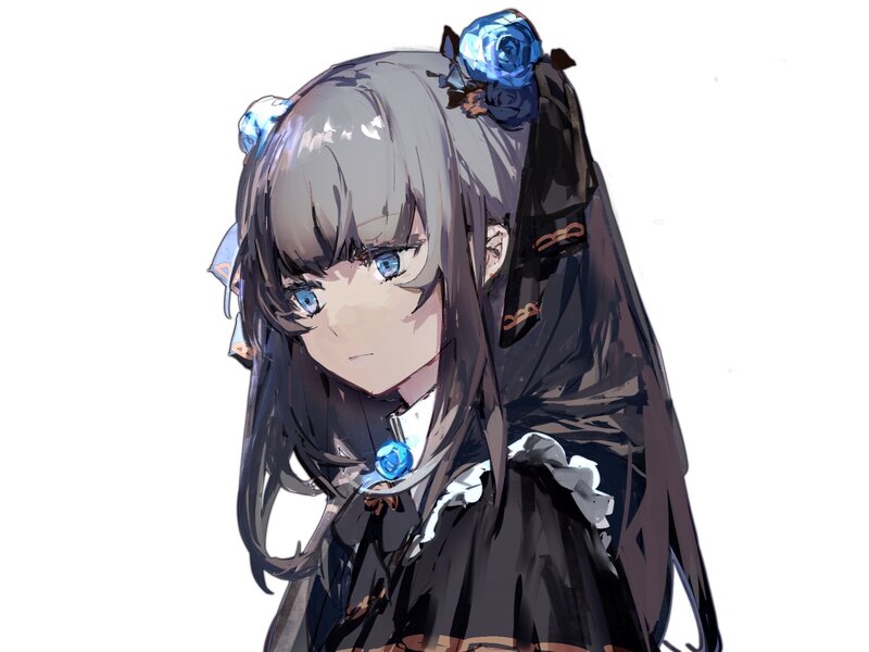 Anime Girl with Blue Eyes — Gray, Neutral, Digital Art, Blue Rose