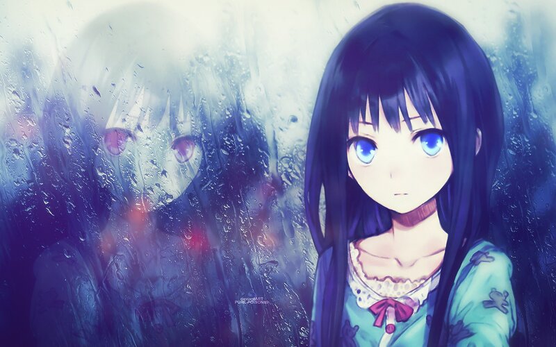 Anime Girl with Blue Eyes — Melancholic, Digital Art, Rain