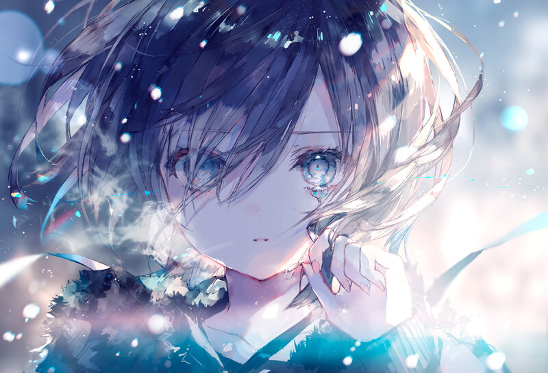 Anime Girl with Blue Eyes — Melancholic, Winter, Digital Art