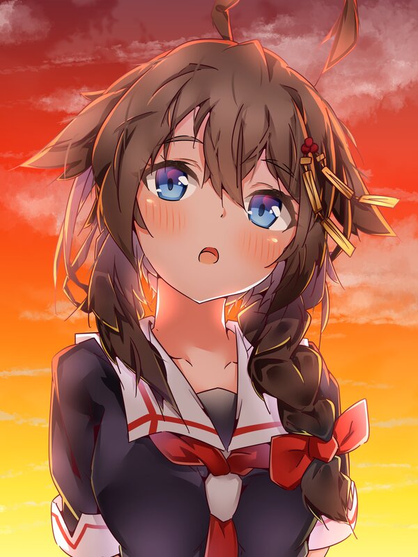 Anime Girl with Blue Eyes — Orange, Dramatic, Sunset