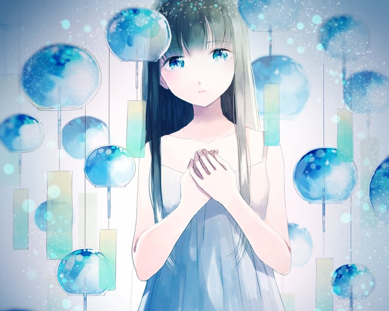Anime Girl with Blue Eyes — Serene, Digital Art, Blue Bubbles