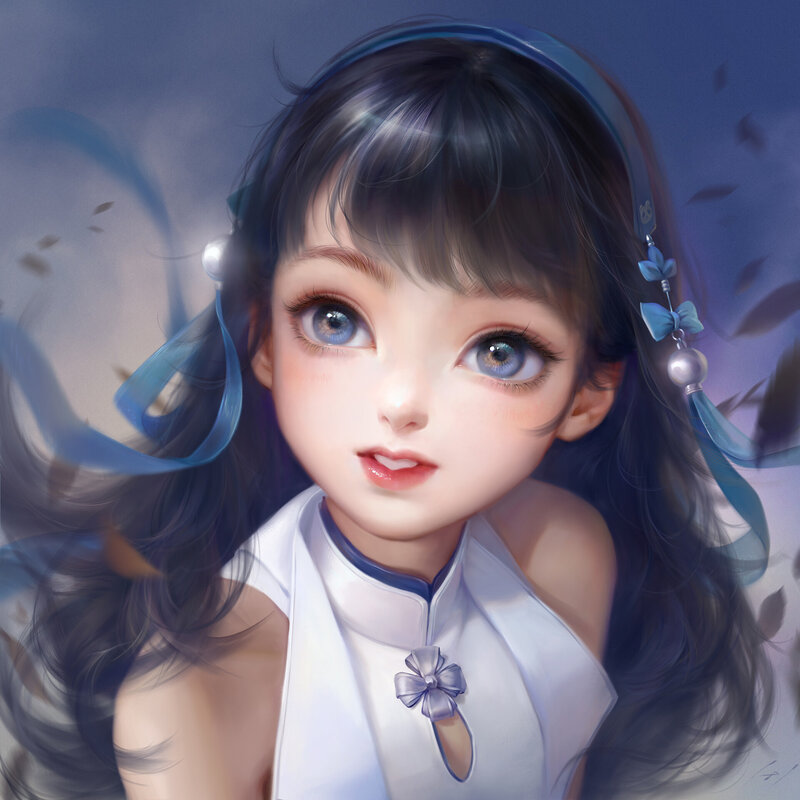 Anime Girl with Blue Eyes — Serene, Digital Art, Blue Ribbon