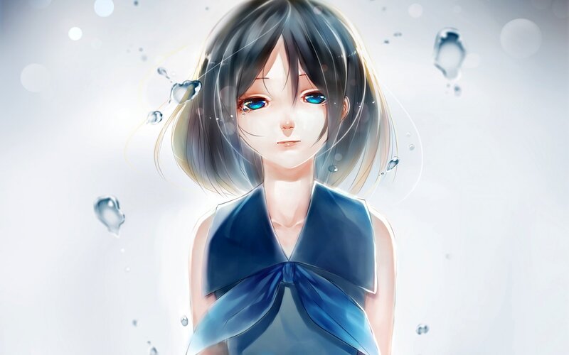 Anime Girl with Blue Eyes — Serene, Digital Art, Water Droplets