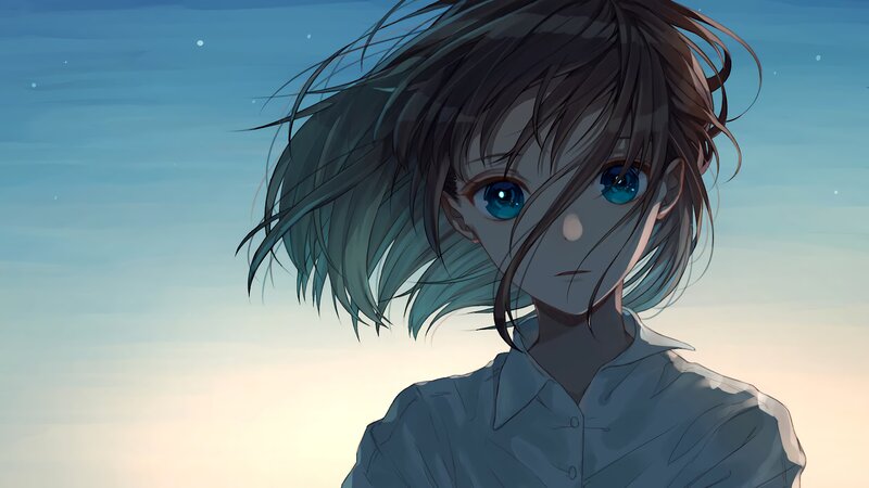 Anime Girl with Blue Eyes — Serene, Sunset, Digital Art