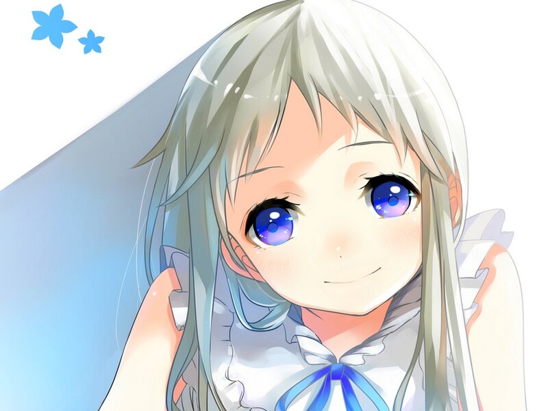 Anime Girl with Blue Eyes — White, Calm, Blue Flowers