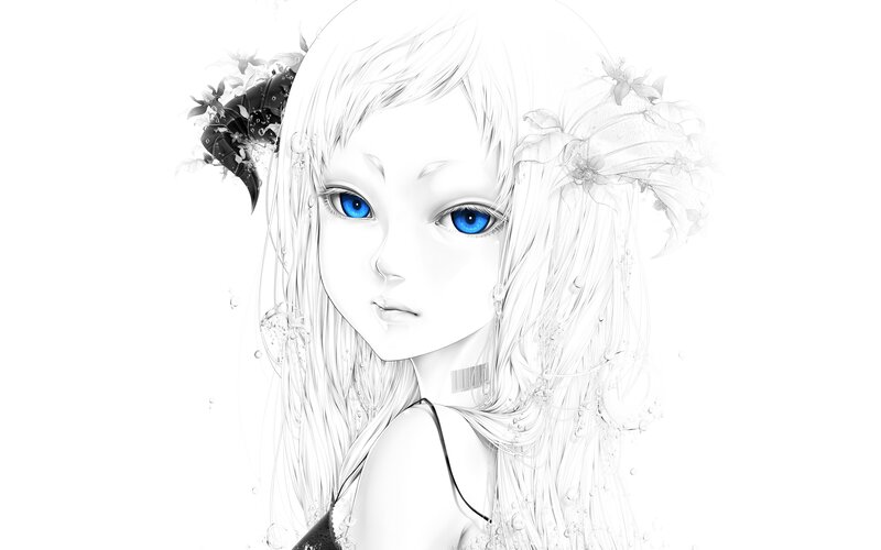 Anime Girl with Blue Eyes — White, Serene, Digital Art