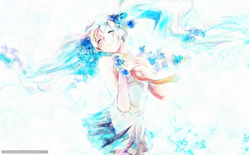 Anime Girl with Blue Flowers — Serene, Digital Art, Long Hair