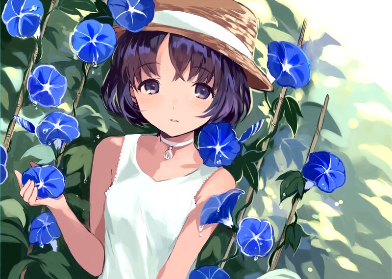 Anime Girl with Blue Flowers — Serene, Morning
