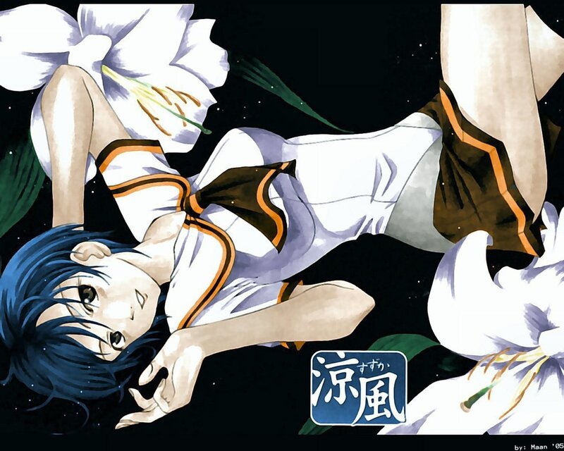 Anime girl with blue hair and lilies
