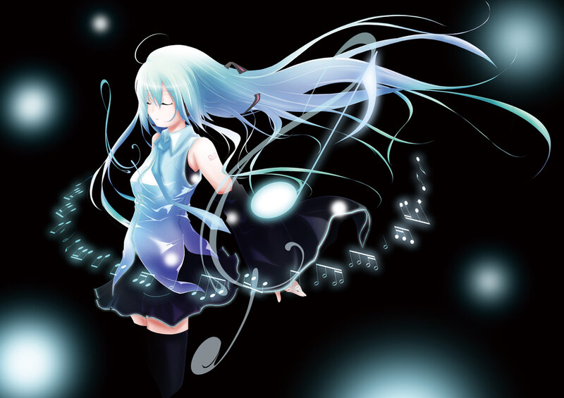 Anime girl with blue hair and music