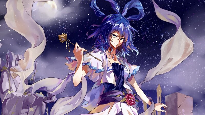 anime girl with blue hair and staff