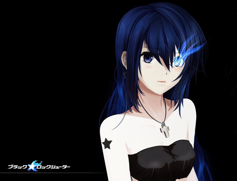 Anime Girl with Blue Hair — Black, Dramatic, Cross Necklace