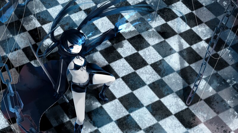 Anime Girl with Blue Hair — Black, Dramatic, Digital Art, Chains, Checkered Floor