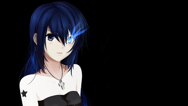Anime Girl with Blue Hair — Black, Dramatic, Digital Art, Cross Necklace