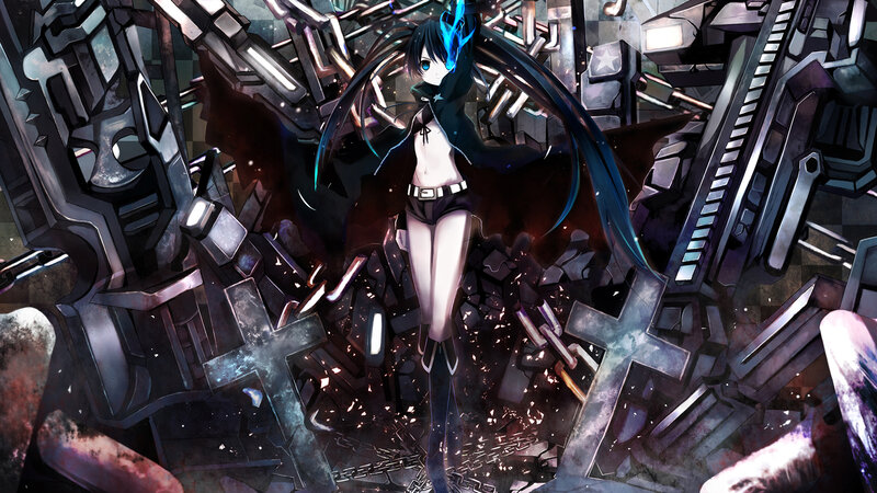 Anime Girl with Blue Hair — Black, Dramatic, Digital Art, Mechanical Debris