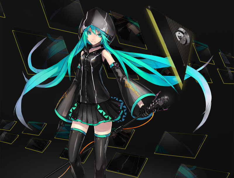 Anime Girl with Blue Hair — Black, Dramatic, Night, Digital Art, Microphone