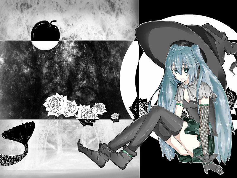 Anime Girl with Blue Hair — Black, Dramatic, Night, Digital Art