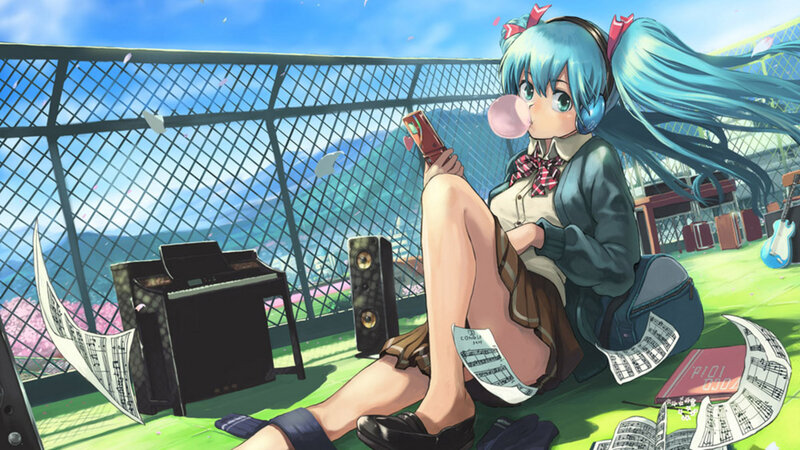 Anime girl with blue hair blowing bubblegum