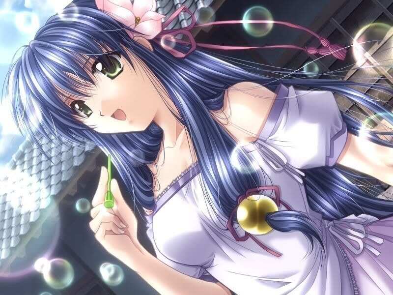 anime girl with blue hair blowing bubbles