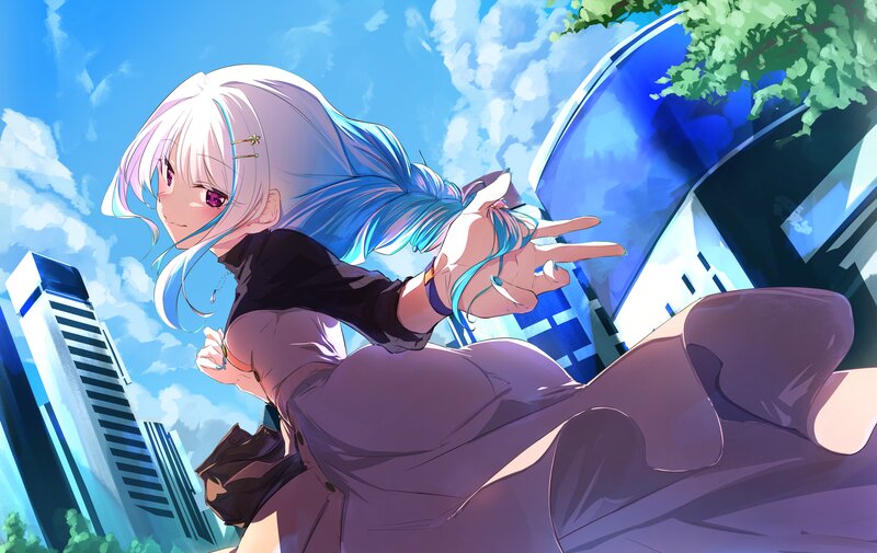Anime Girl with Blue Hair — Bright, Afternoon, Digital Art, City