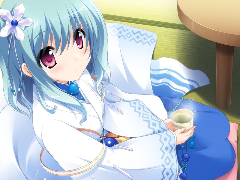 Anime Girl with Blue Hair — Calm, Afternoon, Flower Accessory