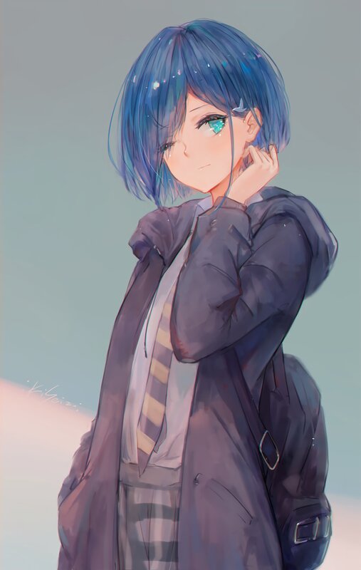 Anime Girl with Blue Hair — Calm, Digital Art, Coat