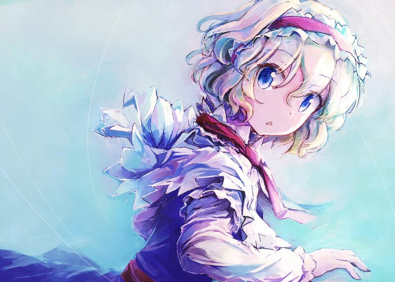 Anime Girl with Blue Hair — Calm, Digital Art, Flower, Headband, Dress