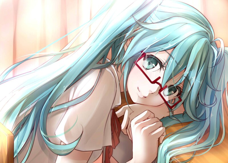 Anime Girl with Blue Hair — Calm, Digital Art, Glasses