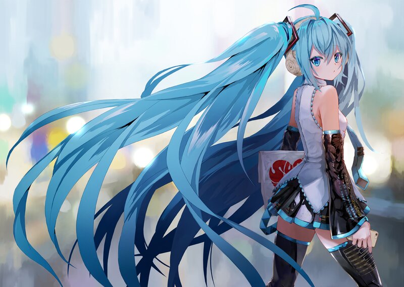 Anime Girl with Blue Hair — Calm, Digital Art, Headphones, Skirt, Bag